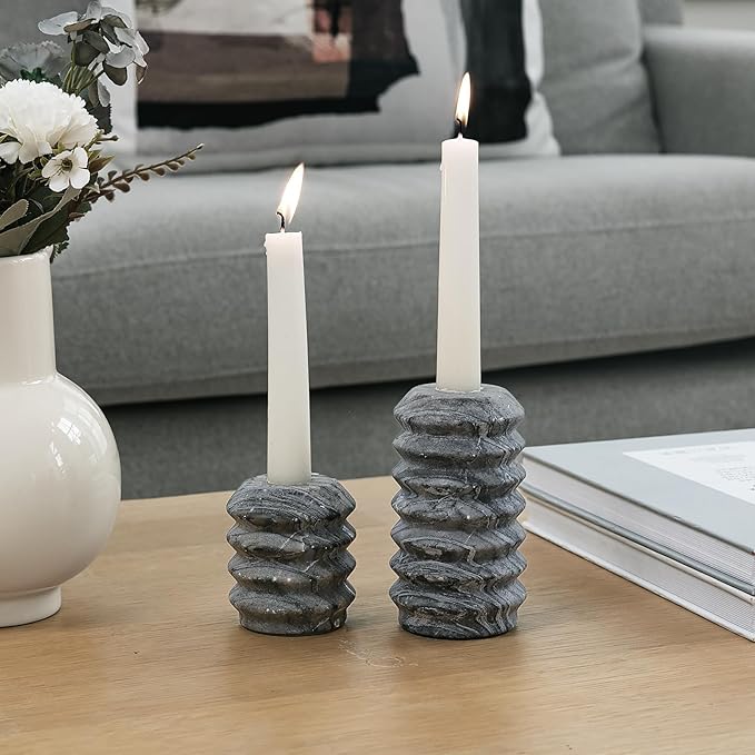 WORHE Candle Holders Italy True Natural Travertine Stone 0.4" Thick Set of 2 Marble Candlestick Holder for Christmas Wedding Dinning Party Candle Stand for 3/4 inch Candles Color Black (ZT001)