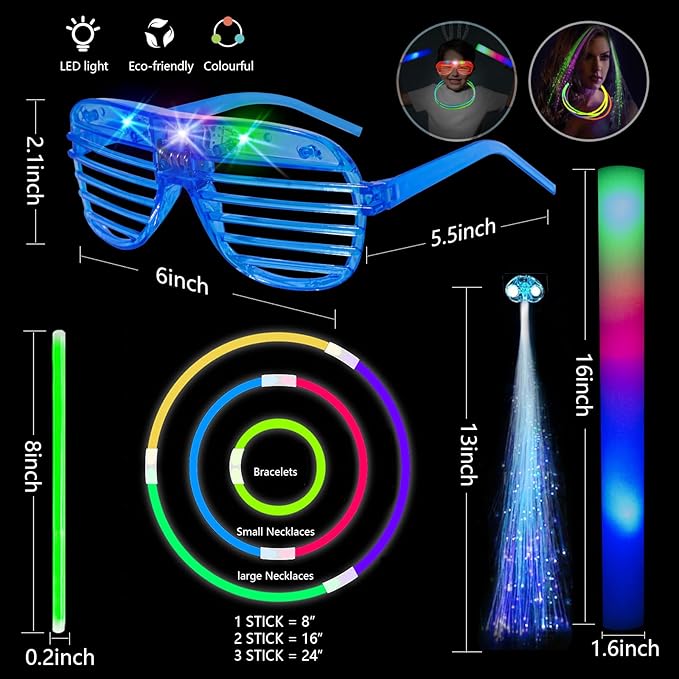 148 PCS Glow in the Dark Party Supplies, 16PCS Foam Glow Sticks, 16PCS LED Glasses,100PCS Glow Sticks Bracelets and 16Pcs LED Hair Clips Fiber Optic for Glow Party, Wedding, Halloween Party