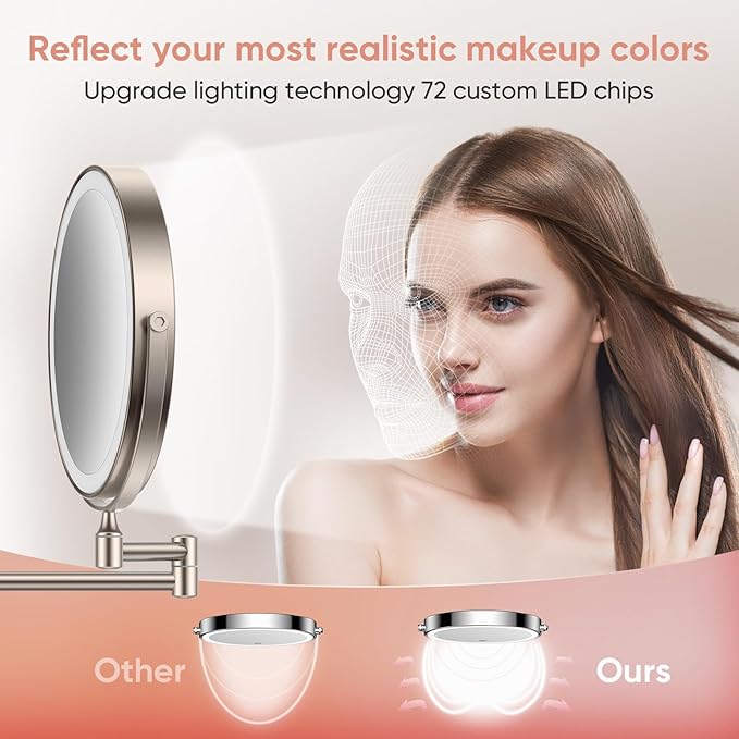 FASCINATE Rechargeable Wall Mounted Makeup Mirror with Lights and Magnification, 8 Inch Double Sided 1X 10X Magnifying Bathroom Mirror with 3 Color Lights & 360° Rotation Vanity Mirror - Nickel
