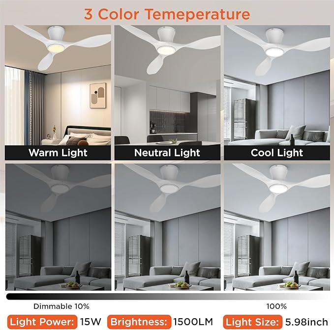 TALOYA Ceiling Fans with Lights,42 inch Modern Low Profile Ceiling Fan with Light and Remote Control, Flush Mount, 3CCT, White Ceiling Fan for Bedroom Living Room and Patio