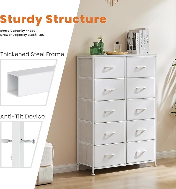 Sweetcrispy 10 Drawer Fabric Dresser Tall Chest Storage Organizer Tower with Cabinet Metal Frame and Wood Top Lightweight Nursery Closet Furniture for Bedroom,Cream White