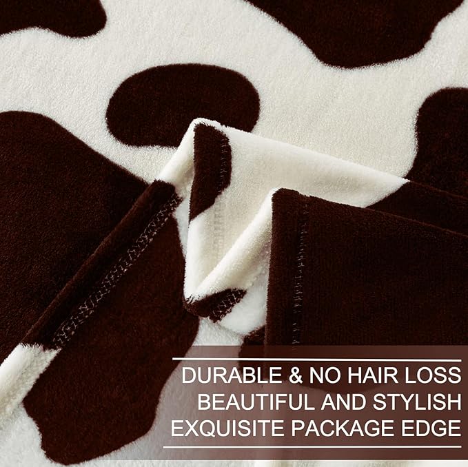 Richave Fleece Cow Print Blanket for All Season - Premium Lightweight Anti-Static Brown and Ivory Throws Travel Blankets Plush Gift for Daughter Mom, Bedroom Decor 51" x 60"(Brown Cow)