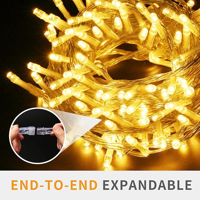 Christmas String Lights, 33FT 100 LEDs Christmas Tree Lights Indoor String Lights 8 Modes with End-to-End Plug Fairy Lights Decoration for Indoor Outdoor, Warm White (Clear Wire)