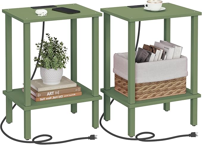 TUTOTAK End Table with Charging Station, Set of 2, Small Side Table with Outlets, Nightstand Bedside Table, 2-Tier Storage Shelf for Small Space, Living Room, Bedroom Olive Green TB01BOG041
