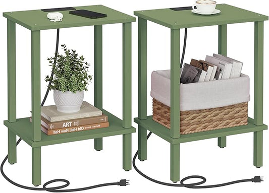 TUTOTAK End Table with Charging Station, Set of 2, Small Side Table with Outlets, Nightstand Bedside Table, 2-Tier Storage Shelf for Small Space, Living Room, Bedroom Olive Green TB01BOG041