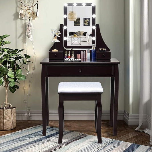 CHARMAID Vanity Set with Lighted Mirror, Makeup Table with 10 LED Dimmable Bulbs, 3 Drawers, 2 Dividers, Modern Bedroom Dressing Table Vanity Desk with Stool for Women Girls (Espresso)