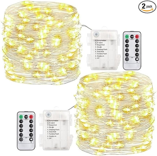GDEALER 2 Pack Fairy Lights 20 Ft 60 Led Battery Operated Christmas Lights with Remote Waterproof Silver Wire Twinkle Lights 8 Modes Fairy String Lights for Party Bedroom Decorations- Warm White