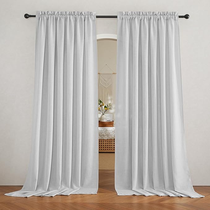 RYB HOME Wide Curtains Flax Linen Woven Drapes, Light Filtering Privacy UV Protected Heavy Duty Window Blinds Voile for Backdrop, Wedding, Villa, Sliding Door, W 70" x L 108", 2 Panels, Dove Grey