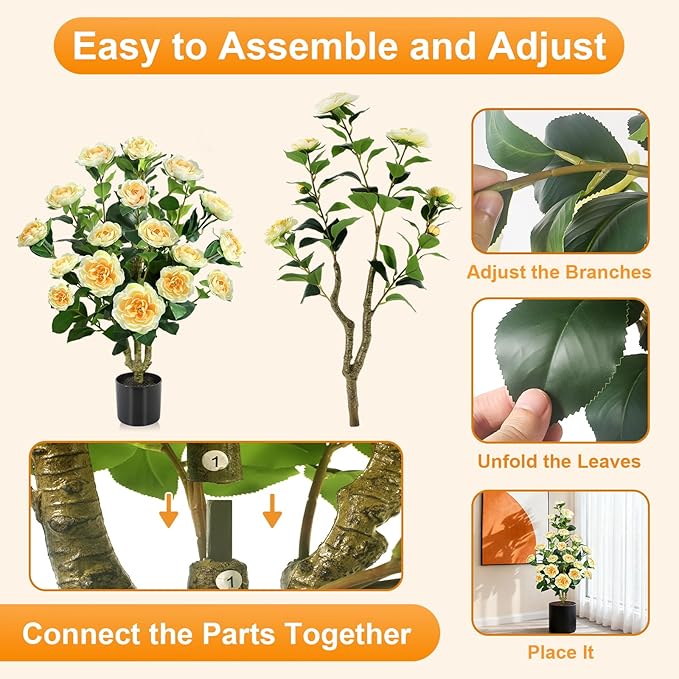 Faux Outdoor Plants 2 Pcs - 39’’ Artificial Camellia Tree Potted with Yellow Flowers, Artificial Plants Outdoor Porch Front Door Garden Indoor Office Home Wedding Decor Housewarming Gift