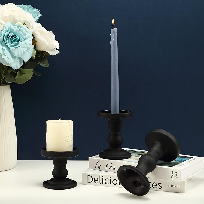 GMWD 3 Pcs Black Glass Candle Holder Set Clear, Candlesticks Holders Pillar Taper Candles Tealight Stand for Wedding Centerpieces Home Decorations Dining Table