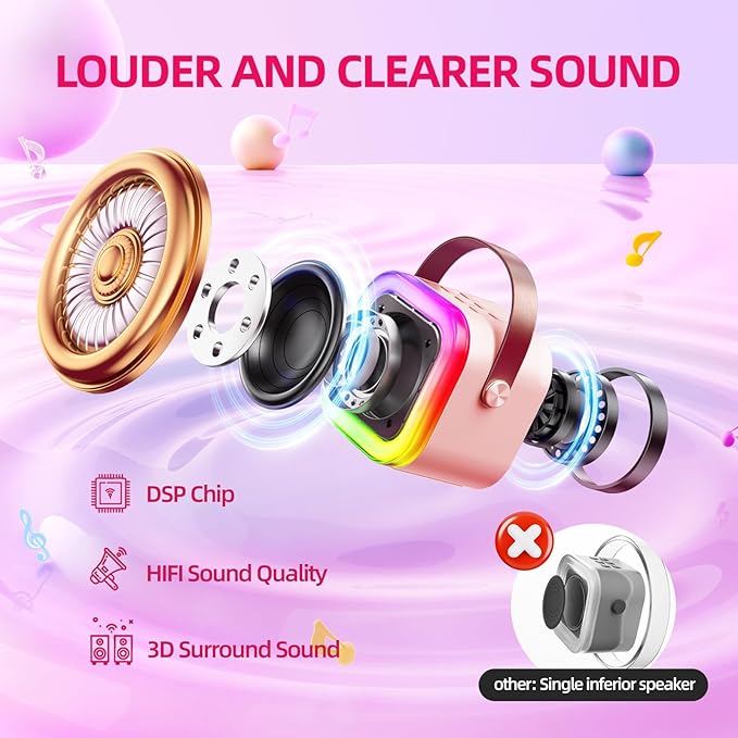 Kinglucky Mini Karaoke Machine for Kids, 2025 TOP Birthday Gifts Ideas for 3-12 Year Old Girls, Christmas Party Gifts Kids' Personal Video Players Accessories with 2 Wireless Microphones - Pink