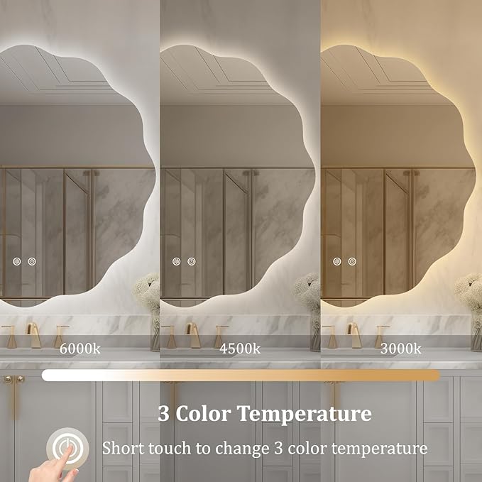 WallBeyond LED Bathroom Mirror with Lights, 32'' Wavy Round Light Up Bathroom Mirror, Anti Fog Led Mirror for Bathroom, 3 Colors and Dimmable Light