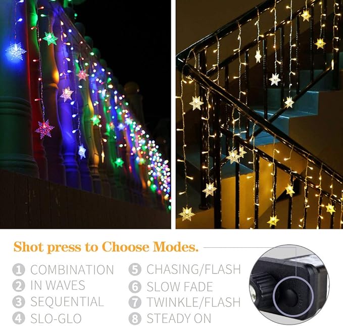 Christmas Snowflake Icicle Lights - Connectable 40ft 360 LEDs Multicolor/Warm White 20 Color Changing Waterproof Outdoor LED Christmas Lights With RF Control for House Curtain, Eaves, Xmas Decorations