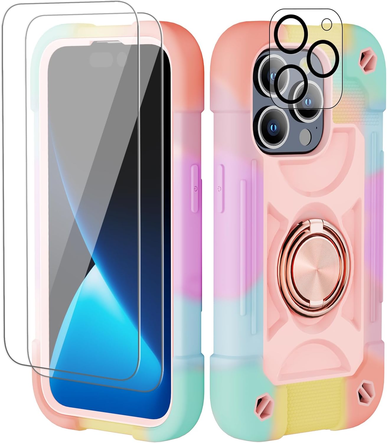 iPhone 15 Pro Max Case 6.7", Heavy-Duty Shockproof Military-Grade Rugged Cover with Ring Stand and Protectors - Rainbow