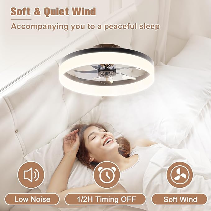 VOLISUN Low Profile Ceiling Fans with Lights and Remote,15.7in Modern Ceiling Fan Flush Mount,3000K-6500K Dimmable Bladeless LED Fan Light,Black Fandelier Ceiling Fans with Lights for Bedroom