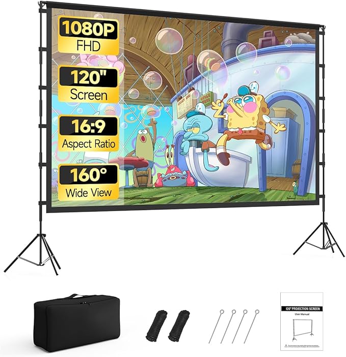 120 inch Outdoor Projector Screen with Stand, 16:9 Foldable Anti-Crease with Carrying Bag, Movie Portable Projector Screen for Outdoor Indoor Home Theater, Office, Classroom, Party, Games