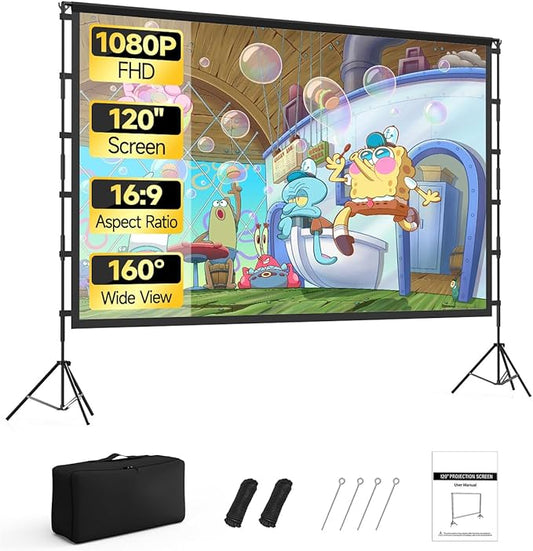 120 inch Outdoor Projector Screen with Stand, 16:9 Foldable Anti-Crease with Carrying Bag, Movie Portable Projector Screen for Outdoor Indoor Home Theater, Office, Classroom, Party, Games