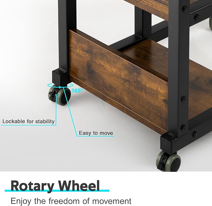 Hadulcet C Shaped Side Table Adjustable, Height Adjustable C Table with Wheels and Storage Shelves for Couch Bed Recliner Rustic Brown