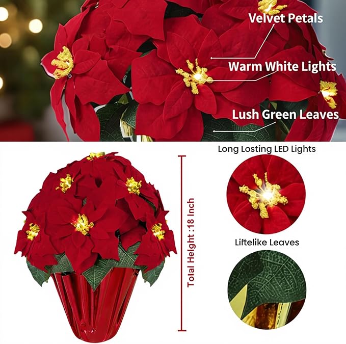 2 Pack 18" Lighted Large Artificial Poinsettias for Outdoors LED Poinsettia Flowers Artificial Faux Poinsettia Plants Poinsettia Christmas Decorations for Office Home Kitchen Decor (Red Paper)