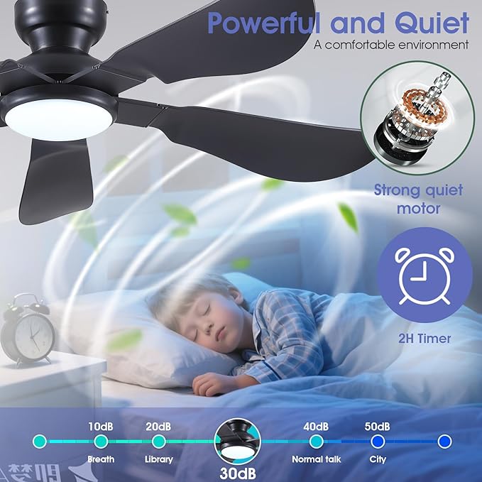 52 Inch Modern Ceiling Fans with Lights, Flush Mount Ceiling Fan with Light and Remote/APP Control, 5 Reversible 6 Speeds Curved Blades, 3 CCT Dimmable Lights for Bedroom, Black