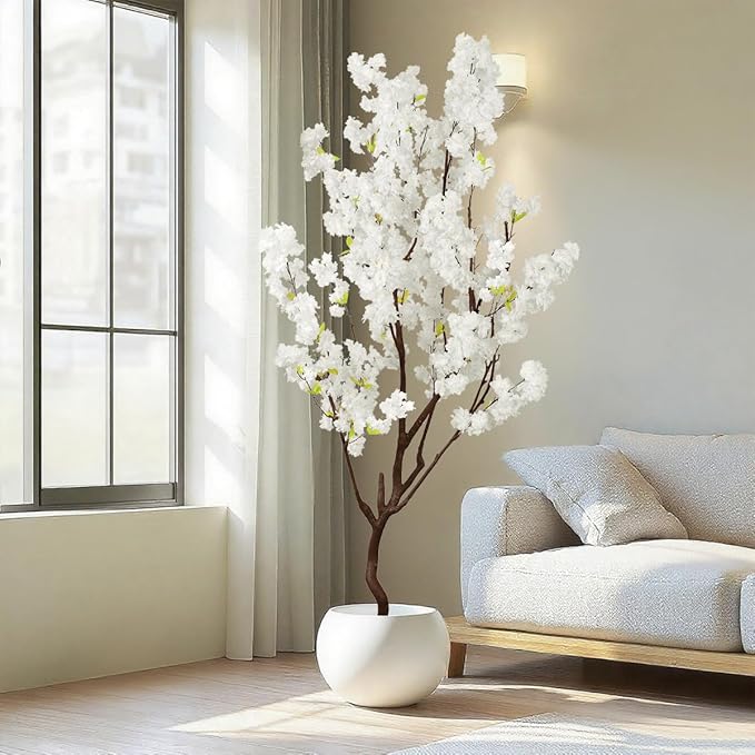 7.2ft Tall Artificial White Cherry Blossom Tree Indoor Decor, Fake Silk Flower Cherry Tree Plant Outdoor, Faux Flowering Tree Realistic for Home Living Room Front Door Office