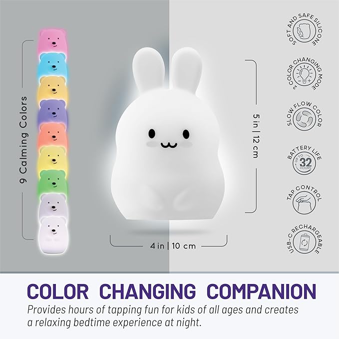 Lumipets Junior Bunny Night Light, Soft Silicone Material, 8 Soothing Colors, Cordless, Easy Control, Portable
