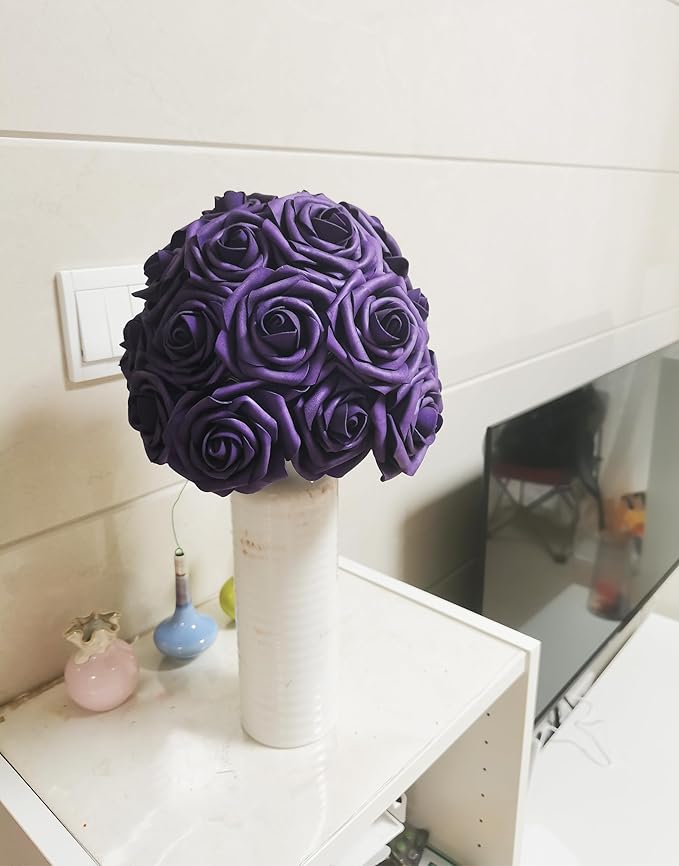 Dark Purple Artificial Roses 50 PCS Flowers with Stem, Fake Rose Heads Bouquets for DIY Wedding Decorations Centerpieces Arrangements Party Home Garden Porch Window Decor