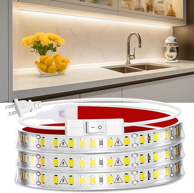 maylit Under Cabinet Strip Lighting Plug in 48in, Ultra Bright Small LED Light Bar, 2700K Warm White, Wired Lights for Kitchen Cabinet, Counter, Workbench, Desk, Closet, Shelf, Indoor