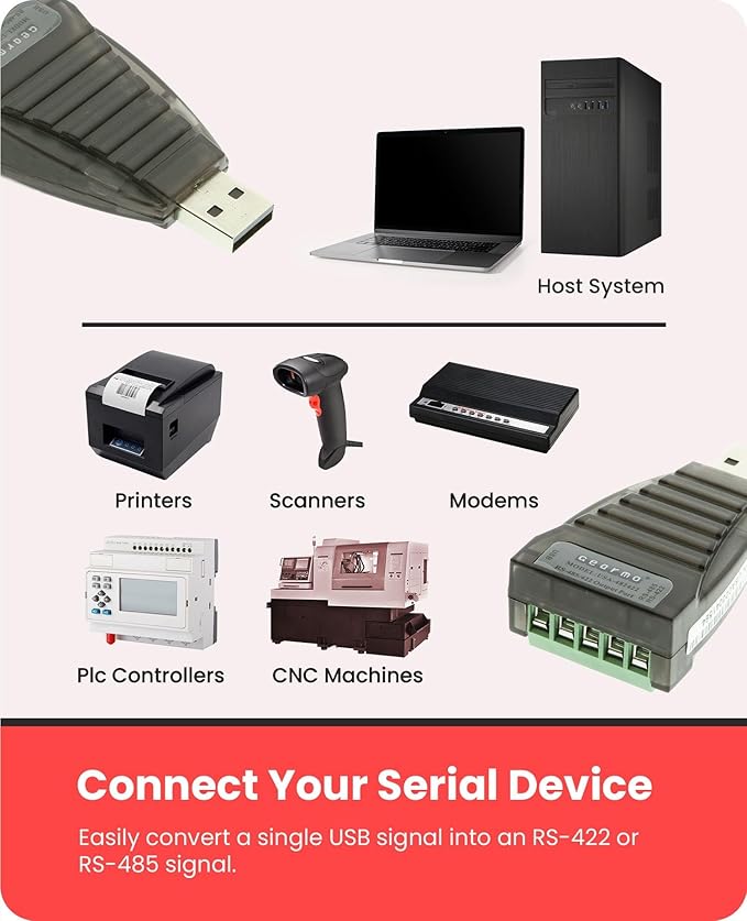 Gearmo USB to Serial RS485 Converter with LED Indicators, FTDI Chipset, Terminal Connectors, ESD Protection, Wide OS Support, RS422 Compatible