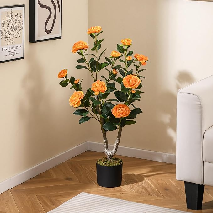 GOFLAME 3FT Artificial Camellia Tree, Faux Camellia Plant with Orange Flowers, Solid Wood Trunk, Realistic Moss, Greenery Potted Decoration Tree for Indoor Outdoor Home Porch Front Door