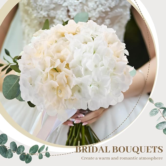 Zeyune 200 Pcs Hydrangea Artificial Flowers, Silk Flower Heads with Stems, Fake Hydrangea Bouquet for Wedding Arch Centerpiece DIY Floral Home Decoration (White and Champagne)