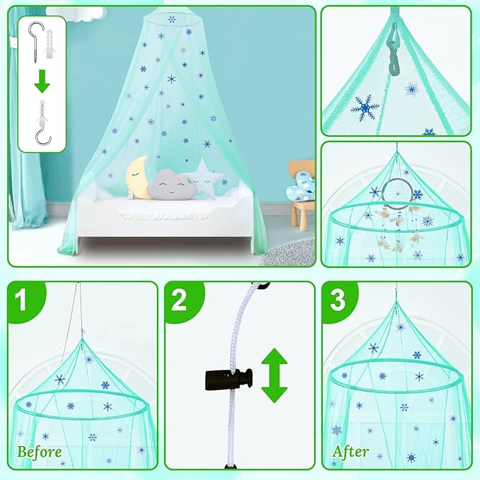 South to East Bed Canopy for Girls with Glowing Snow in The Dark, Cyan Princess Bed Curtains for Kids Bed & Toddler Bed, Twin, Full & Queen, Mosquito Net Canopy for Girls