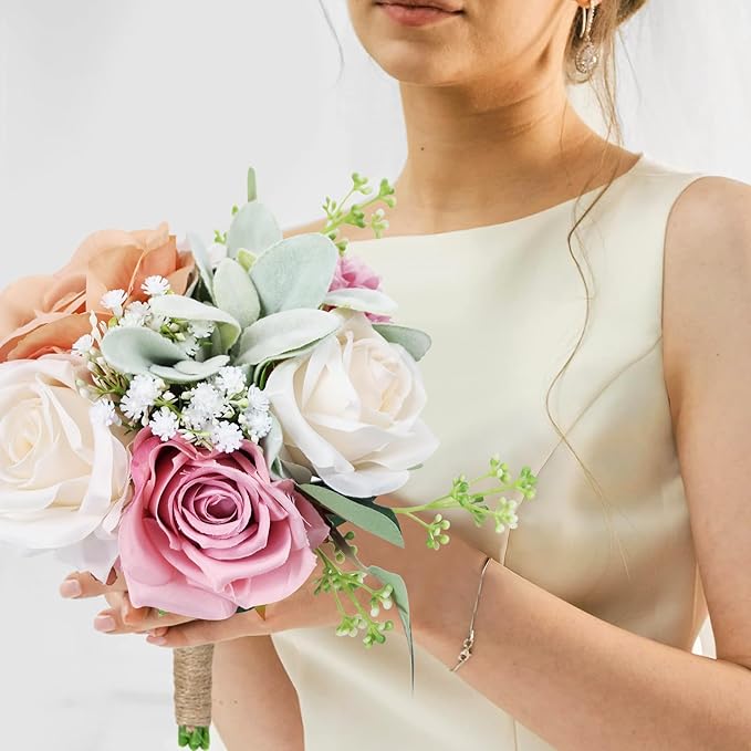 Bridesmaid Bouquets Set of 4 - Blush & Pink Artificial Flowers Bouquet for Bridesmaids Wedding Small Floral Centerpieces for Marriage Proposal Party Anniversary Dining Table Decor -7 Inch