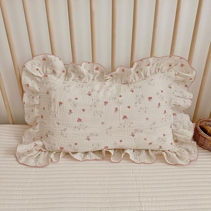 BuLuTu Cute Flower Rabbit Toddler Pillowcase for Girls Boys Soft Breathable Muslin Cotton Kids Pillow Covers, Animal Themed Small Pillow Case for Crib/Toddler Bed, 14"x20", Envelope Closure