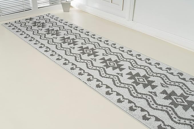 Custom Size Southwestern Style Runner Rug Mat for Wide Hallway Entryway Kitchen Laundry Room with Slip Resistant Latex Rubber Backing, Aztec Light Grey, 31 inch X 6 feet
