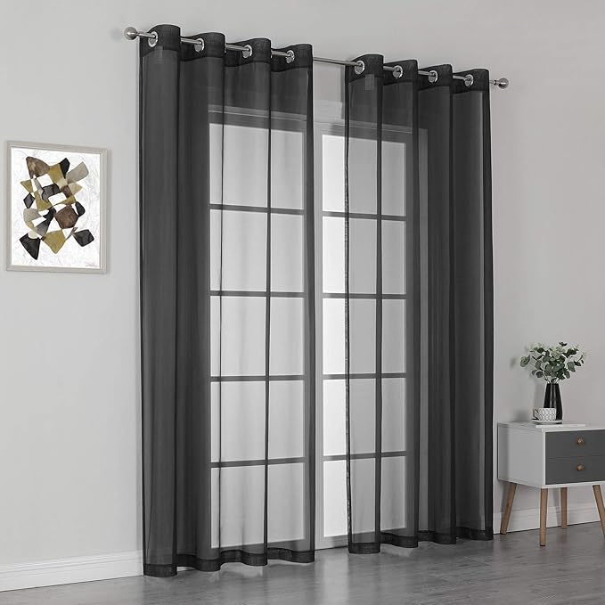 KEQIAOSUOCAI Patio Door Sheer Curtain Panels - 108 inch Length Ceiling to Floor Extra Long Voile Drape Curtains Window Treatment for Sliding Glass Door (Jet Black,2 Pieces,W 54 x L 108 inches Long)