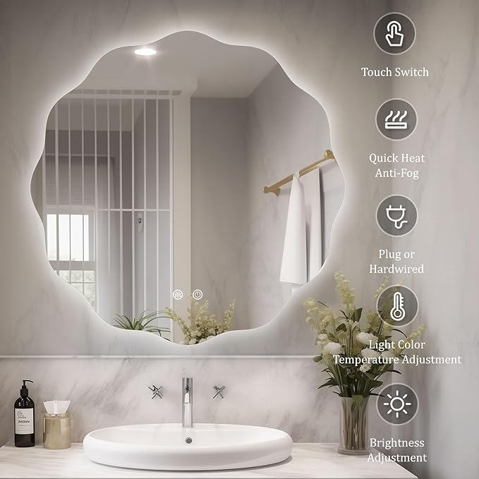 WallBeyond LED Bathroom Mirror with Lights, 28'' Wavy Round Light Up Bathroom Mirror, Anti Fog Led Mirror for Bathroom, 3 Colors and Dimmable Light