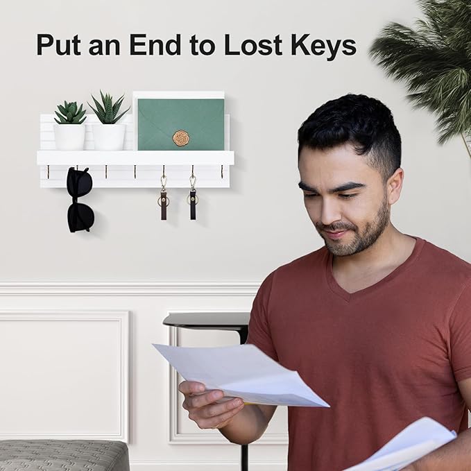 Decorative Key Holder for Wall with Shelf, Entryway Shelf with Hooks Holds Leashes, Jackets and Glasses – Sturdy Wood Keyholder Entrance Hanger with Mounting Hardware (White, Large)