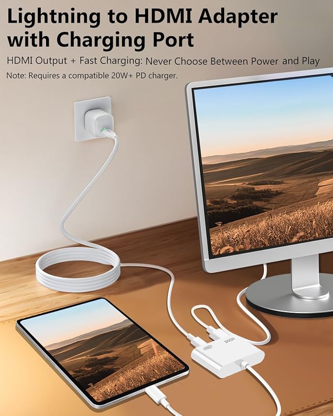 Lightning to HDMI Adapter for iPhone, [Apple MFi Certified] Digital AV Dongle,1080P Sync Screen Cable with Lightning Charging Port for iPhone, iPad to TV/Projector/Monitor No Need Power Supply