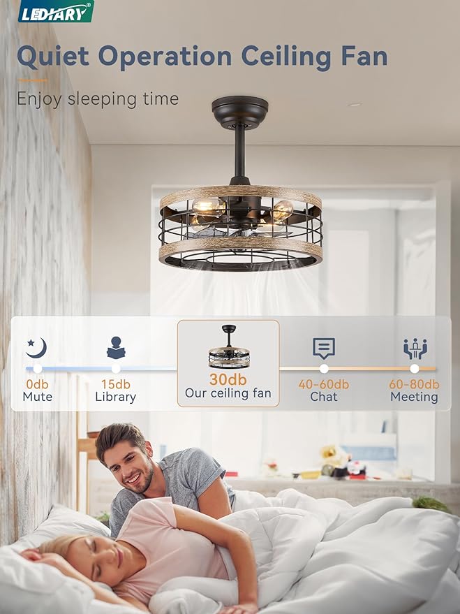 LEDIARY 16.5in Caged Ceiling Fan with Light, Fandelier Industrial Ceiling Fan with Remote, Rustic Metal Fan Lights Ceiling Fixtures for Kitchen, Farmhouse, Bedroom（6 Speed,1/2/4/8h Timing）-Brown