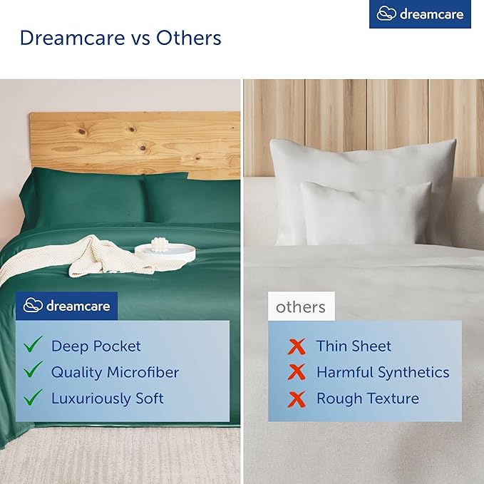 DREAMCARE Queen Sheet Set – 4 pcs Cooling Sheets – up to 21” Extra Deep Pocket Queen Sheets – Hotel Luxury Pillowcases – Superior Softness 100% Microfiber with Side Pocket - Emerald Green