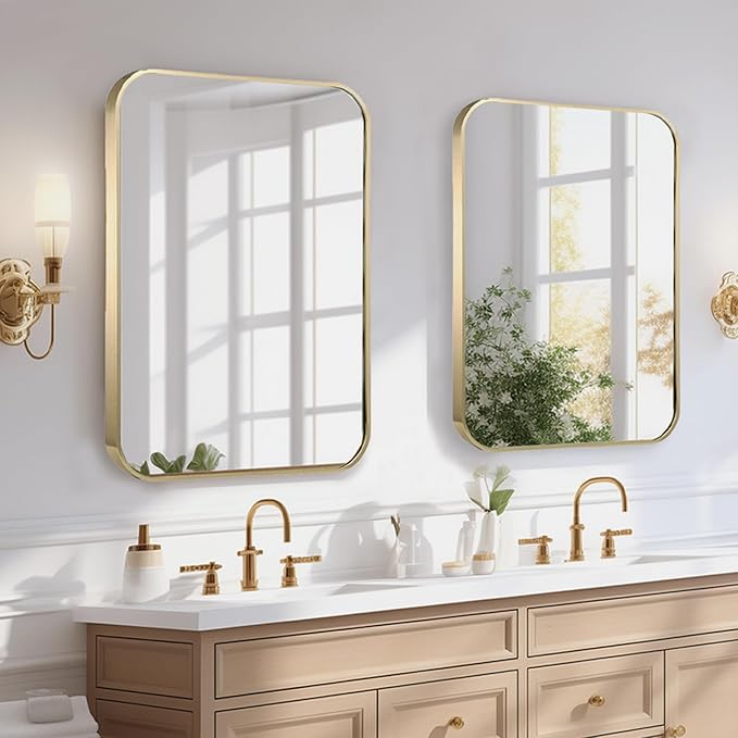 16"x20" Brushed Gold Mirror for Wall, Matte Gold Rounded Rectangle Mirror with Metal Frame Hanging for Bathroom Entryway Vanity,Living Room,Bedroom,Vertical or Horizontal