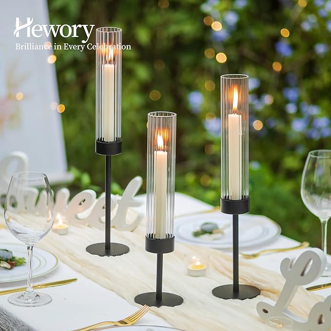 Hewory Black Taper Candle Holders: Candlestick Holders Set of 3 Hurricane Glass Tall Candle Holder for Candlesticks Candle Sticks Holder Decor for Table Centerpiece Wedding Party Christmas Decorations