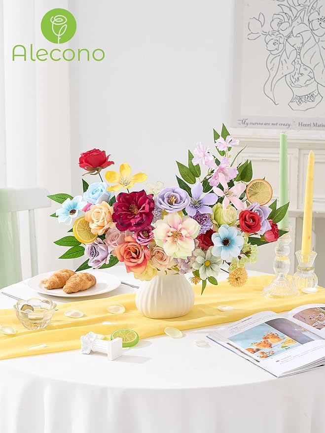 Alecono Artificial Flowers, Colorful Combo Silk Fake Flowers with Lemon Accessories for Cake Decorations, Home Table Centerpieces Birthday Party Decor