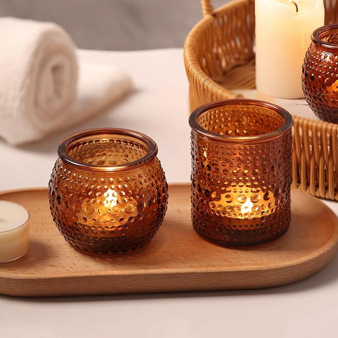 16 Pcs Assorted Amber Candle Holders- Amber Tealight Candle Holder for Fall Wedding Decor, Votive Candle Holders for Fall Home Decorations, Vintage Table Decor