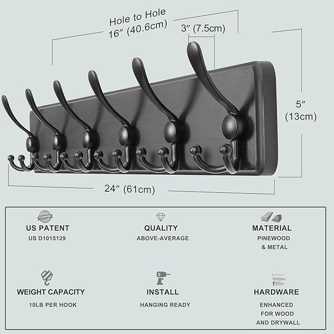 Dseap Coat Rack Wall Mounted - 24" Long 6 Tri Hooks, Heavy Duty Wooden Wall Coat Hanger Coat Hook for Clothes Hat Jacket Clothing, Black, Pack of 2