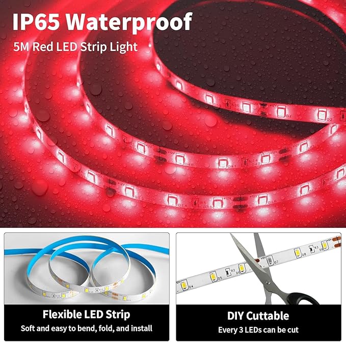 iNextStation Red LED Strip Light, 16.4ft 5M 2835 SMD 300 LEDs 12V Flexible Cuttable LED Tape Light for Bedroom Kitchen Cabinet Wardrobe TV (Power Adapter Included)