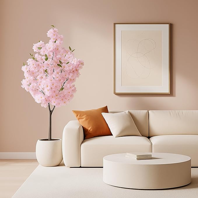 Artificial Cherry Blossoms Tree with Blooming Pink Flowers for Indoor Home Decor, Japanese Style Faux Plant for Living Room, Office, Bedroom - Tall Fake Tree with Branches, Outdoor Decoration 4FT