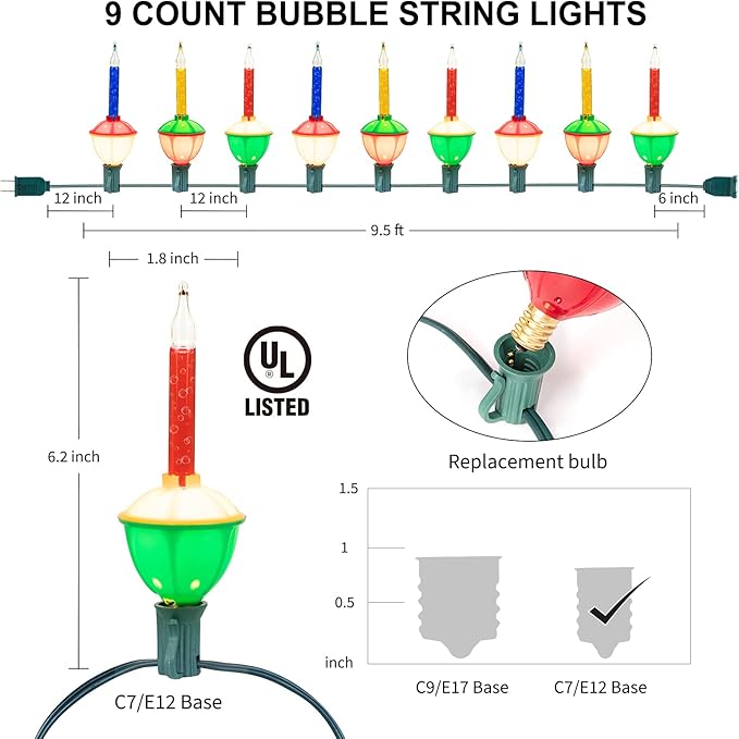 Brightown Christmas Bubble String Lights - 9 Traditional Multicolor Bubble Lights UL Listed for Holiday Christmas Celebrations Lighting, Bubble Light for Tree, Green Wire