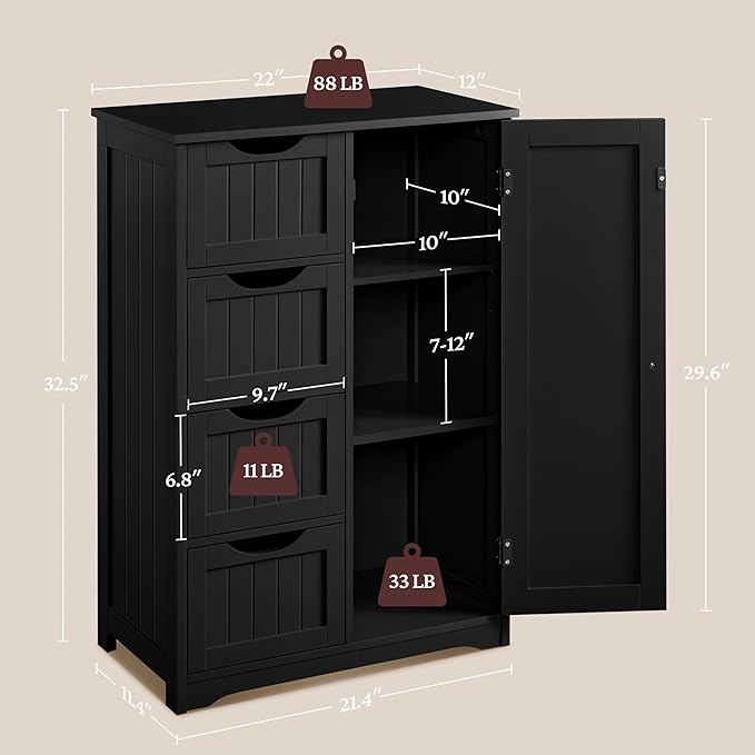 Yaheetech Wooden Bathroom Floor/Side Storage Organizer Cabinet with 4 Drawers and 1 Cupboard, Freestanding Entryway Storage Unit Console Table for Home Decor